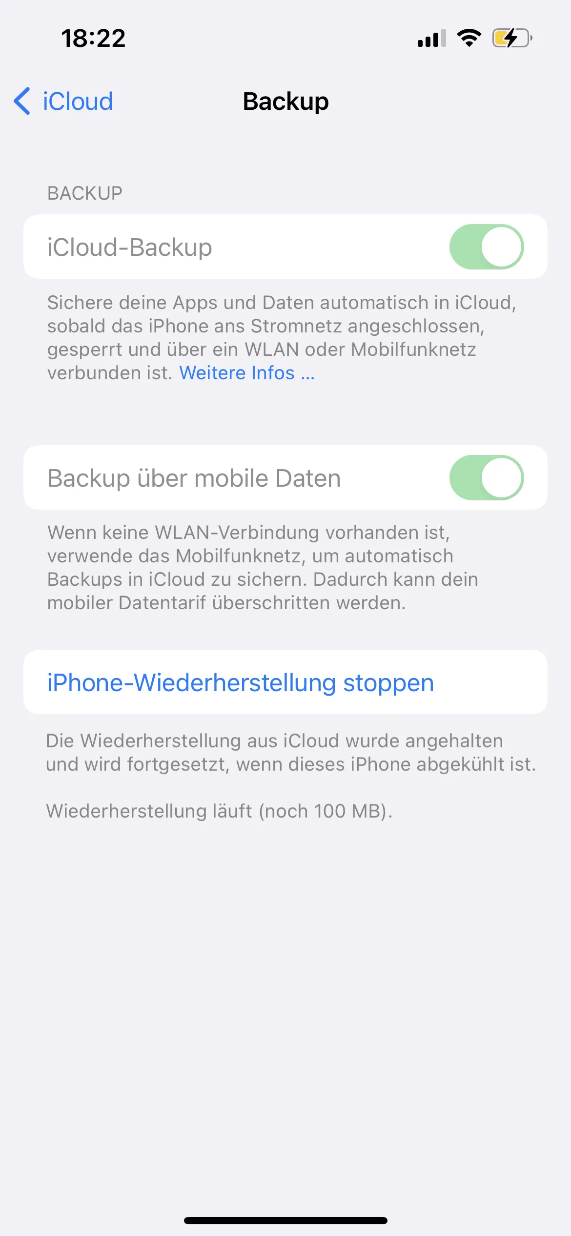 Screenshot: iPhone-Einstellungen zeigt Option zum Beenden der Wiederherstellung