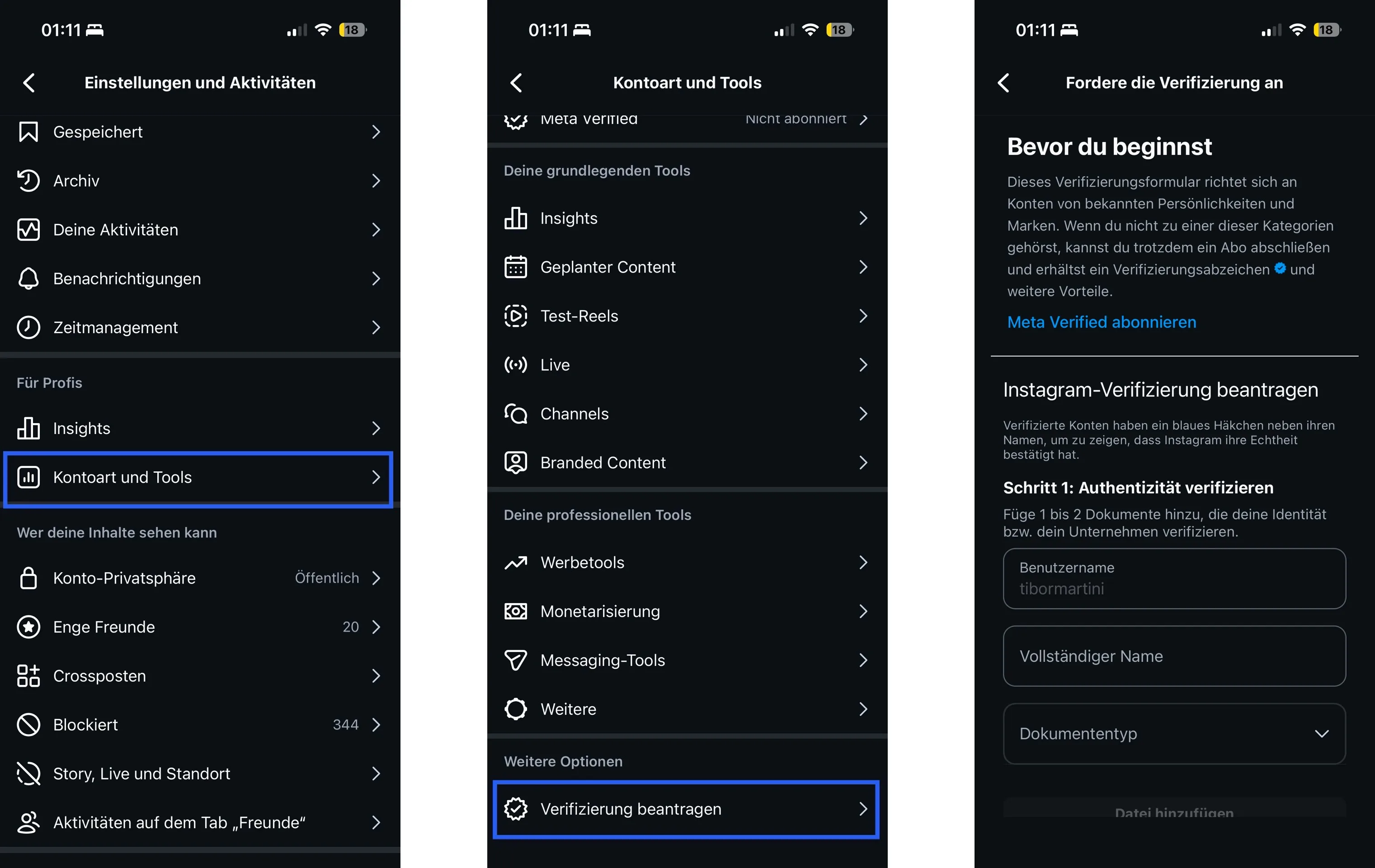Screenshots von Instagram zeigen die Einstellungen und die Verifizierung