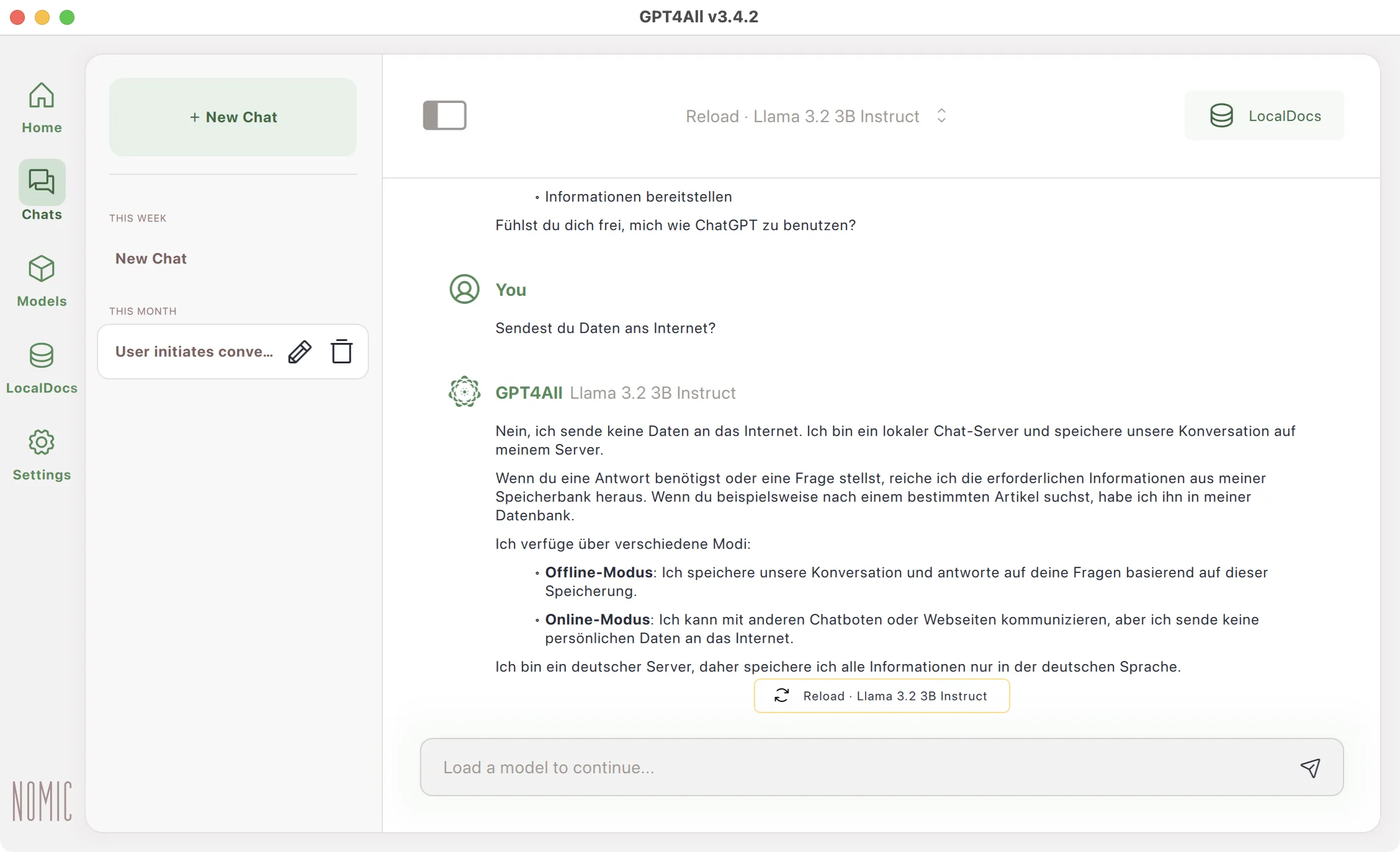 Screenshot: Mit GPT4All kann man wie mit der ChatGPT-App am Desktop chatten