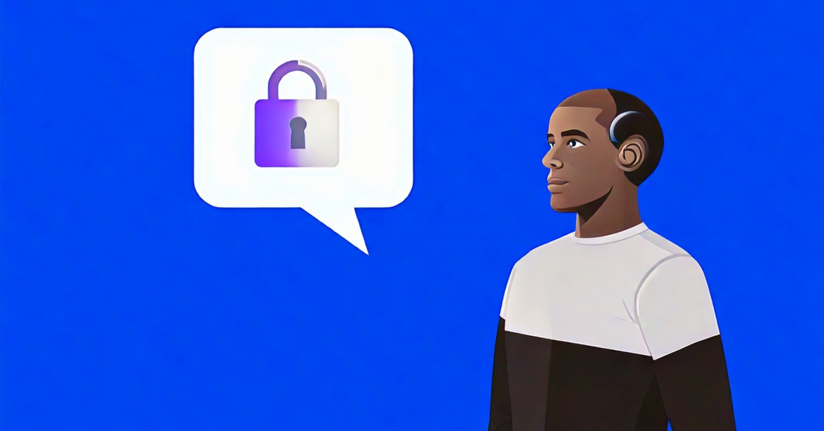 Illustration zeigt Roboter mit Sprechblase und Vorhängeschloss