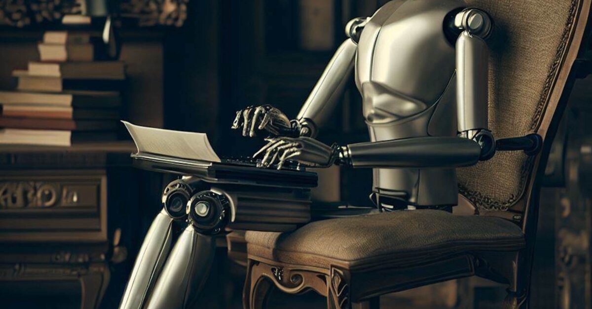 KI-Bild: Ein Roboter sitzt auf einem Stuhl und schreibt auf einer Schreibmaschine einen Text