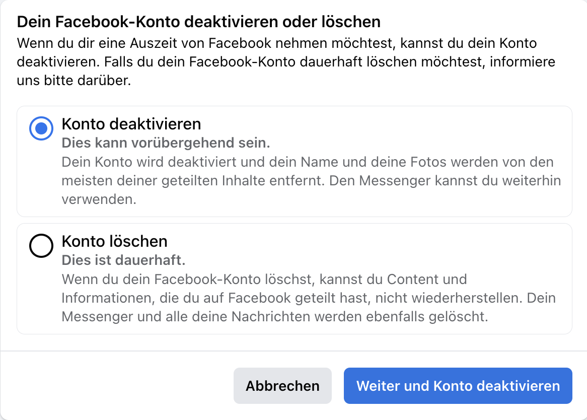 Screenshot: Facebook zeigt zwei Optionen zum Löschen des Accounts