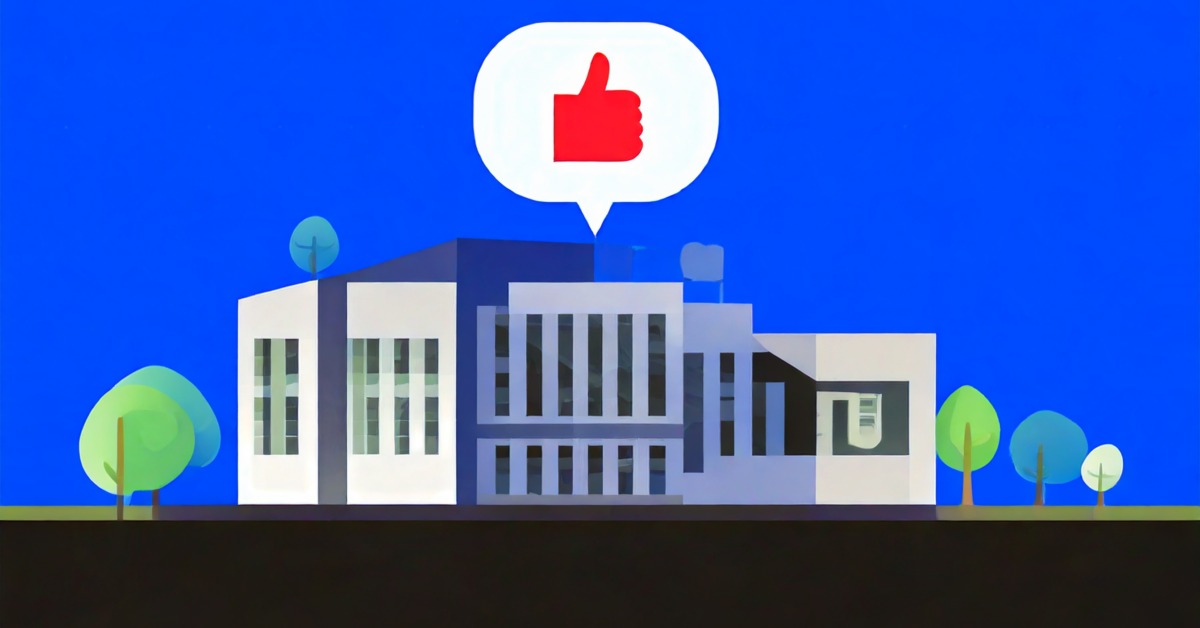 Illustration: Unternehmensgebäude mit Facebook-Icon