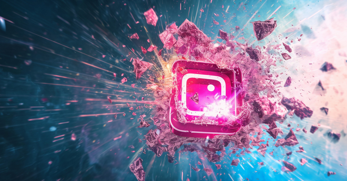 Symbolbild: Das Instagram-Logo als digitales Kunstwerk, wie es in einer Explosion zerstört wird