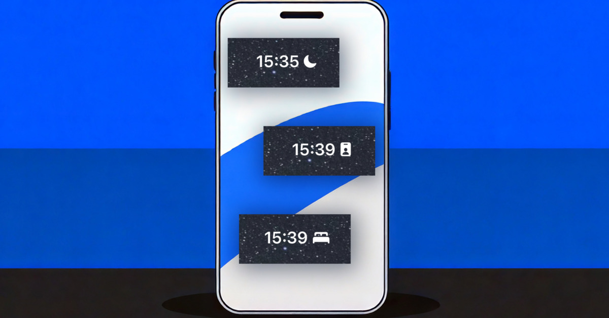Illustration: Verschiedene Symbole neben der Uhrzeit auf einem iPhone-Screen