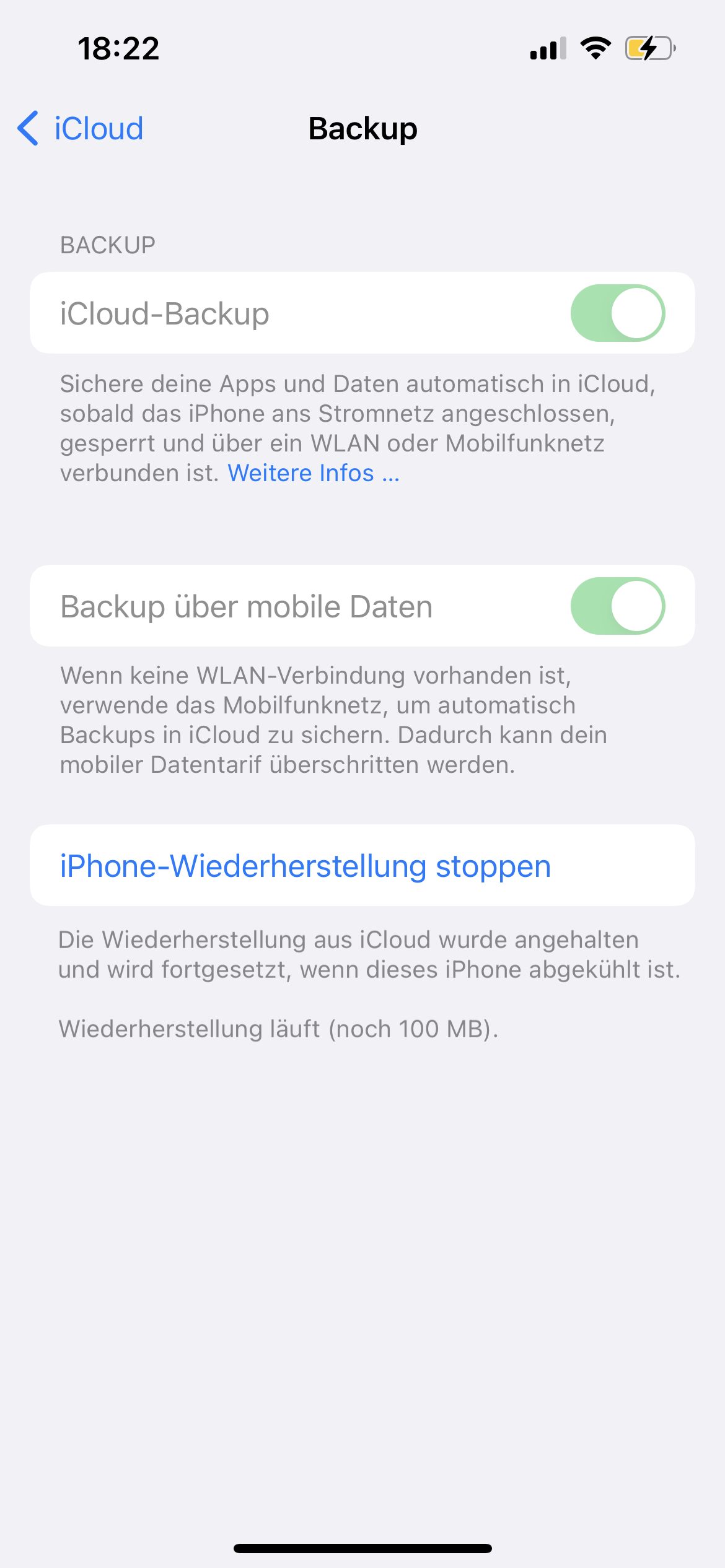 Screenshot: iPhone-Einstellungen zeigt Option zum Beenden der Wiederherstellung