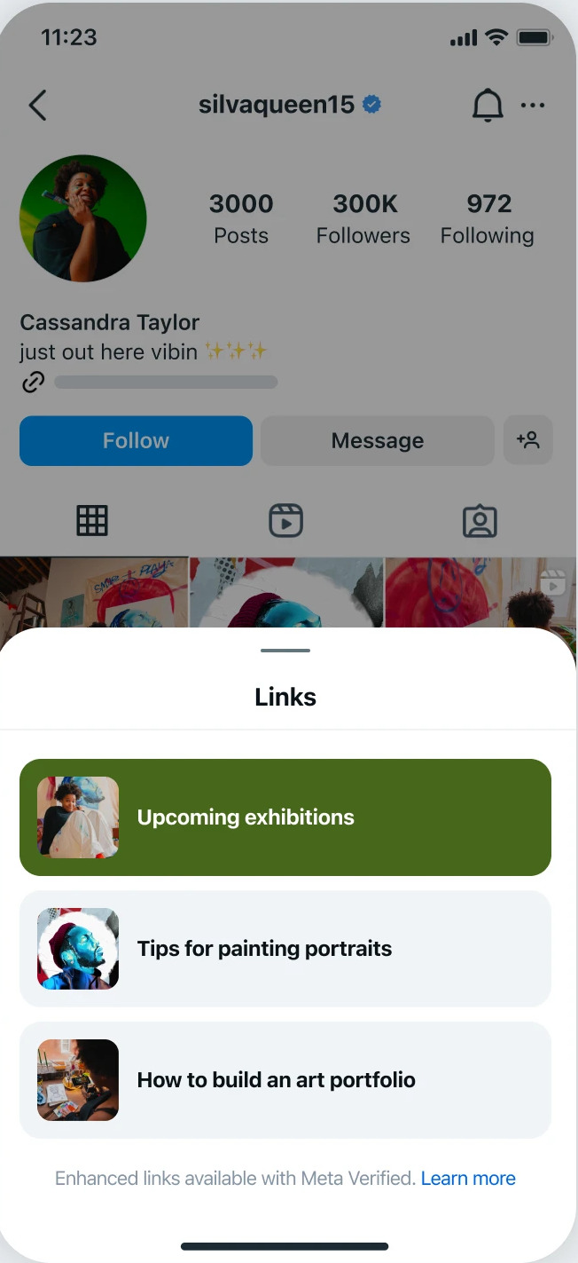 Screenshot von einem Instagram-Profil mit mehreren Links in der Bio, Meta Verified