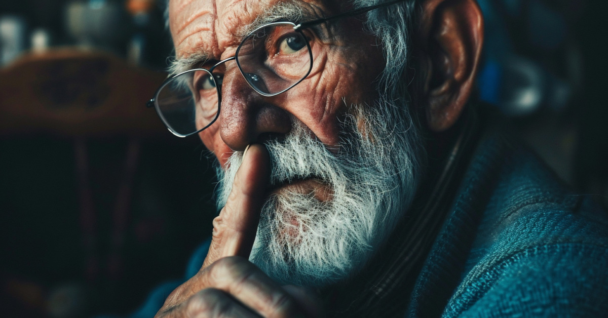 Symbolbild: Ein alter Mann legt seinen Zeigefinger über die Lippen und verrät ein Geheimnis