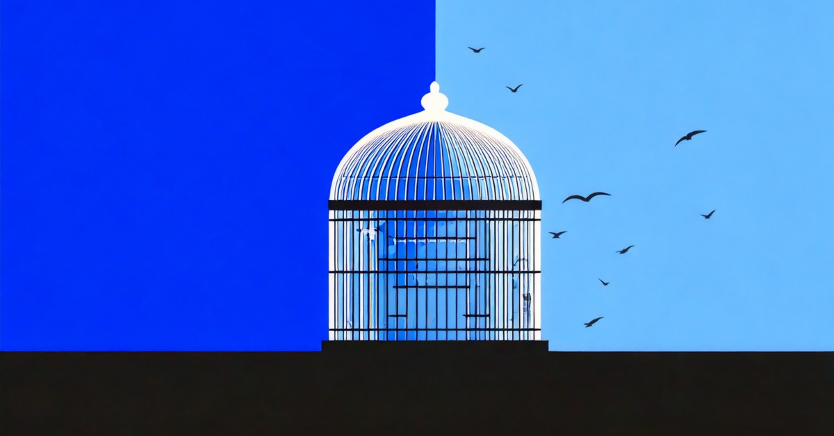 Illustration: Ein leerer Vogelkäfig